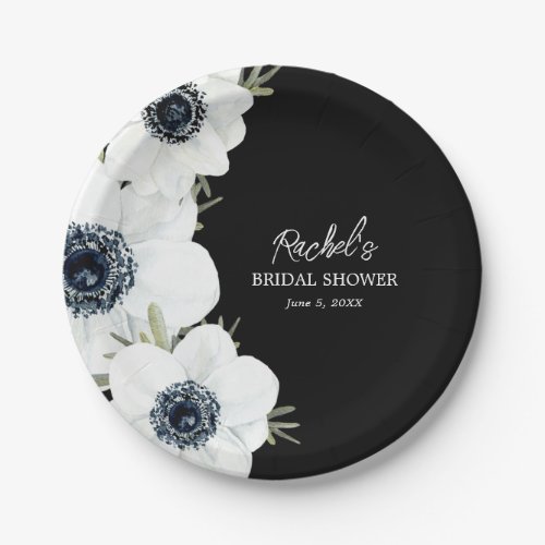 Black and White Flowers Bridal Shower Paper Plates