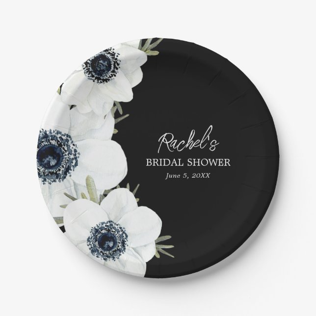 Black and White Flowers Bridal Shower Paper Plates (Front)