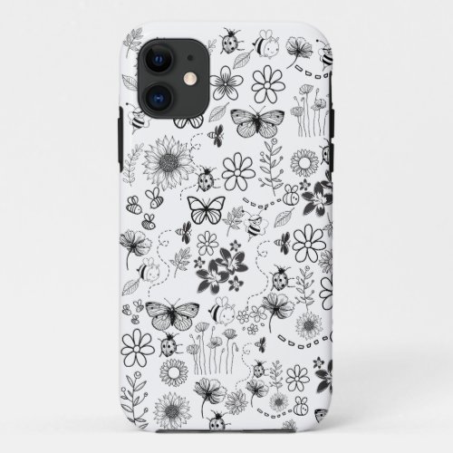 Black and white flowers bugs and bees iPhone 11 case