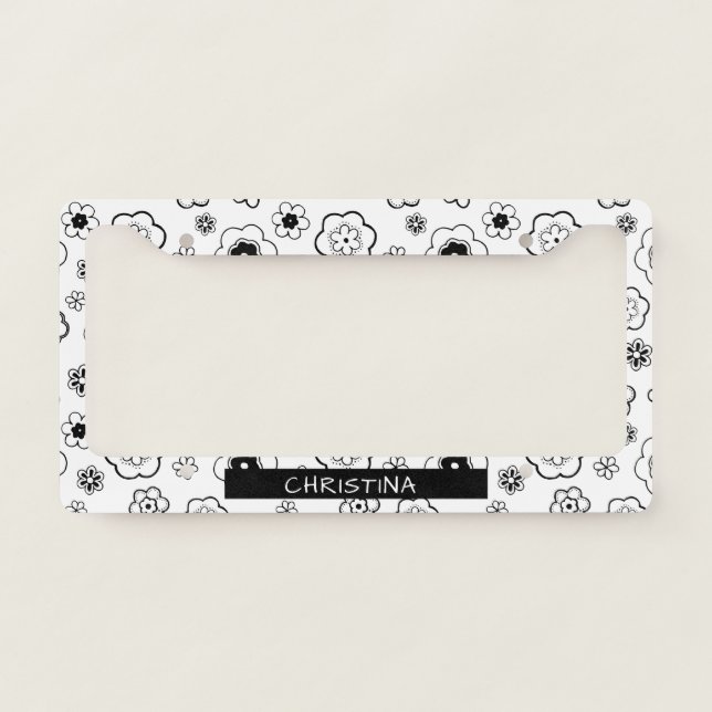 Black and White Flowers Custom License Plate Frame (Front)