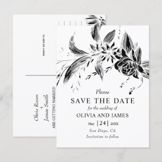 Black and white flowers floral Save the Date Postcard