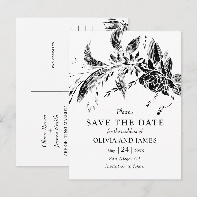 Black and white flowers floral Save the Date Postcard (Front/Back)