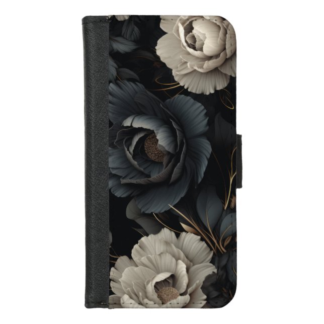 Black and White Flowers iPhone Wallet Case (Front)