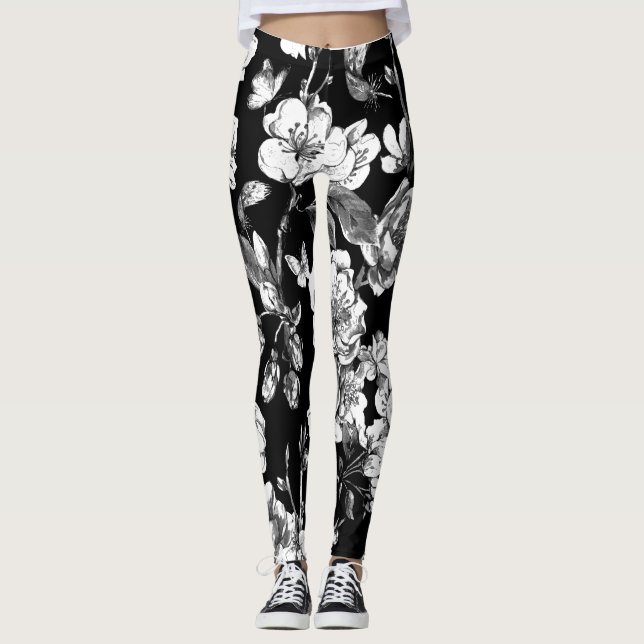 black and white flowers leggings (Front)