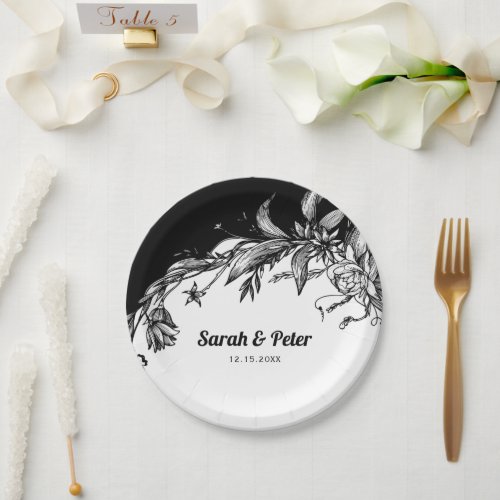 Black and white flowers modern typography wedding paper plates