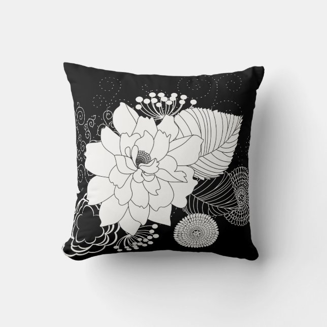 Black And White Flowers On A Black Background Throw Pillow (Front)