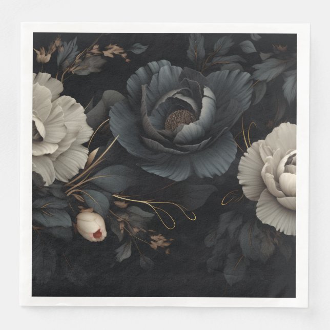 Black and White Flowers Paper Dinner Napkins (Front)