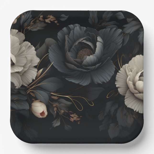 Black and White Flowers Paper Plates (Front)