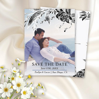 Black and white flowers photo Save the Date Postcard