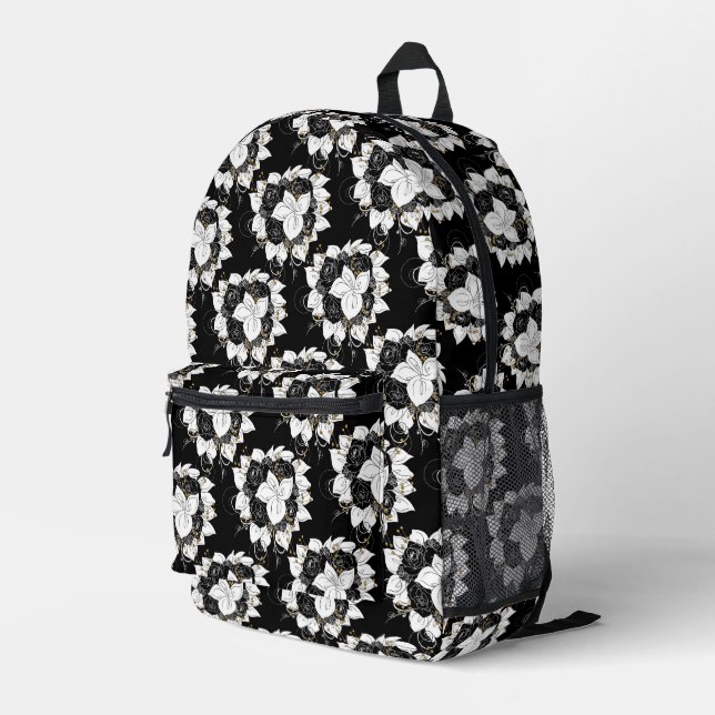 Black and White Flowers Printed Backpack (Back Corner Right)