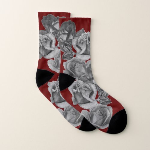 black and white flowers roses and rose buds floral socks