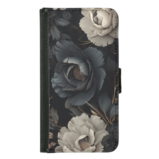 Black and White Flowers Samsung Galaxy Wallet Case (Front)