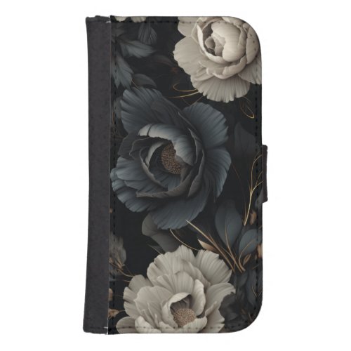 Black and White Flowers Galaxy S4 Wallet Case