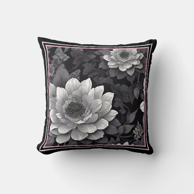 Black and White Flowers Throw Pillow (Front)