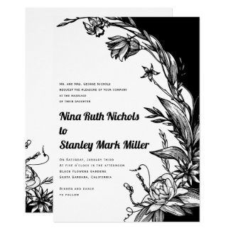 Black and white flowers typography floral wedding invitation