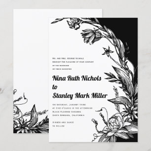 Black and white flowers typography floral wedding invitation