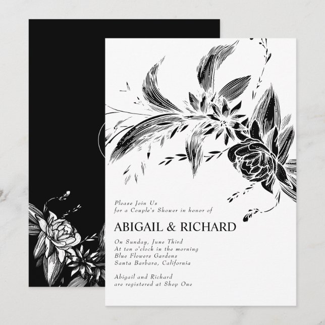 Black and white flowers wedding couples shower invitation (Front/Back)