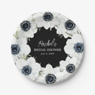 Black and White Flowers Wedding Paper Plates