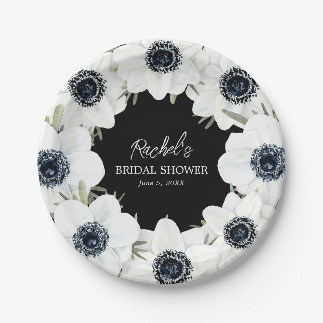 Black and White Flowers Wedding Paper Plates (Front)