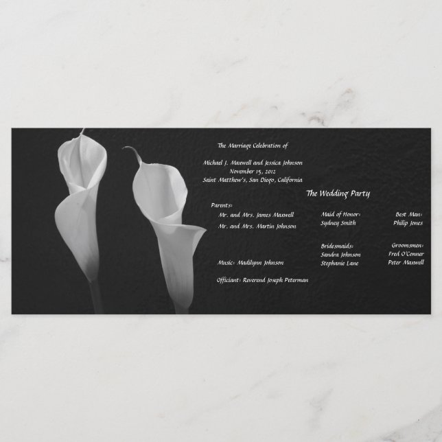 Black and White Flowers Wedding Program (Front)