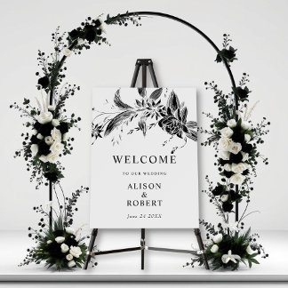 Black and white flowers wedding welcome sign