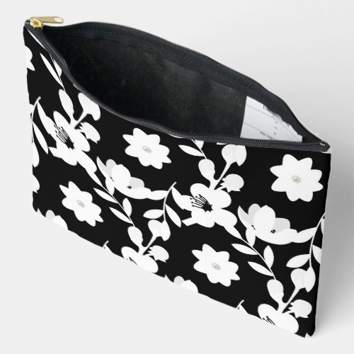 Black and White Flowers With Pearls Accessory Pouch