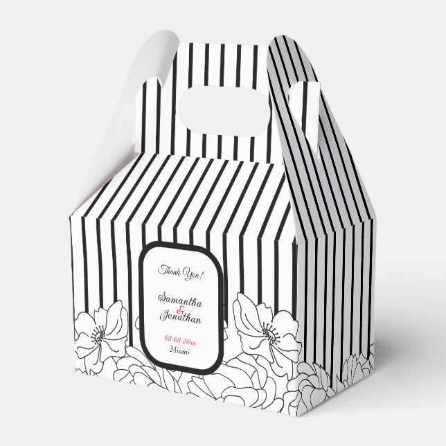 Black and White Flowers with Stripes Favor Boxes (Front Side)