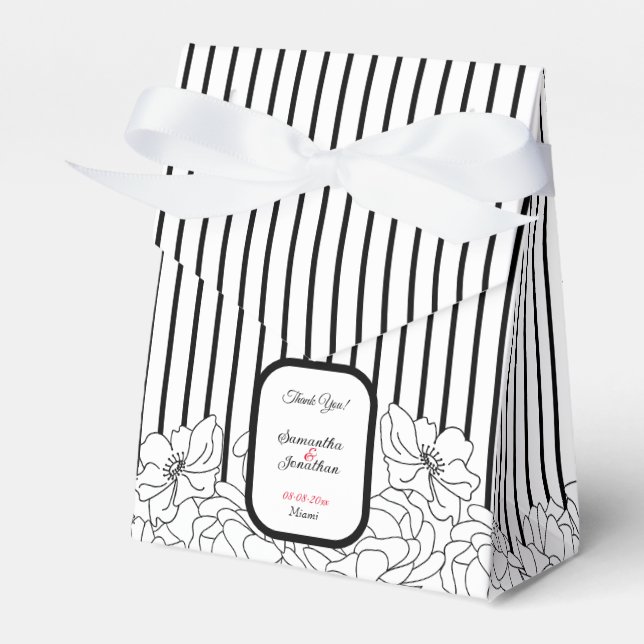 Black and White Flowers with Stripes Favor Boxes (Front Side)