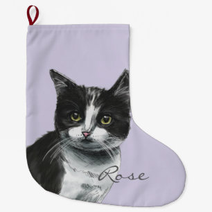 Black and White Fluffy Cat Drawing Large Christmas Stocking