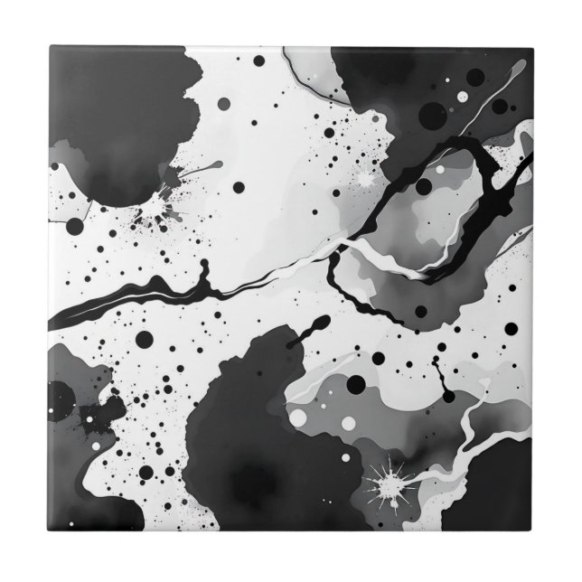 Black and White Fluid Ink Patterns with Splatters Ceramic Tile (Front)