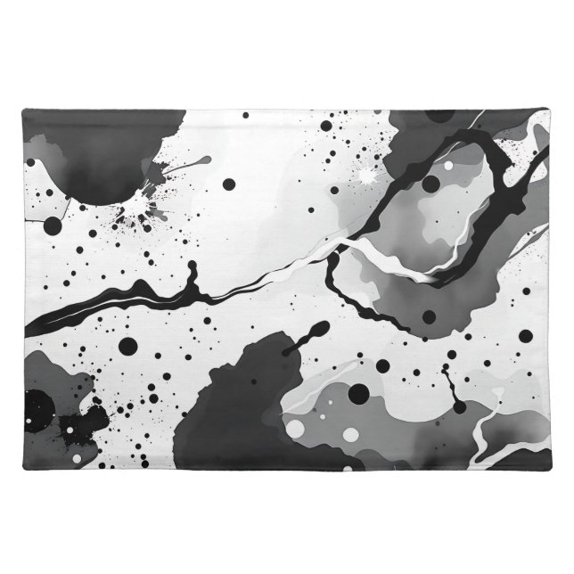 Black and White Fluid Ink Patterns with Splatters Cloth Placemat (Front)