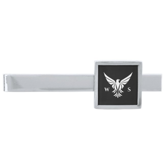 Black and White Flying Bald Eagle Monogram Initial Silver Finish Tie Bar (Front)