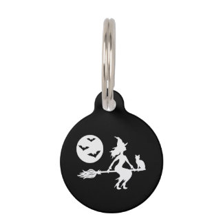 Black And White Flying Halloween Witch Silhouette Pet ID Tag