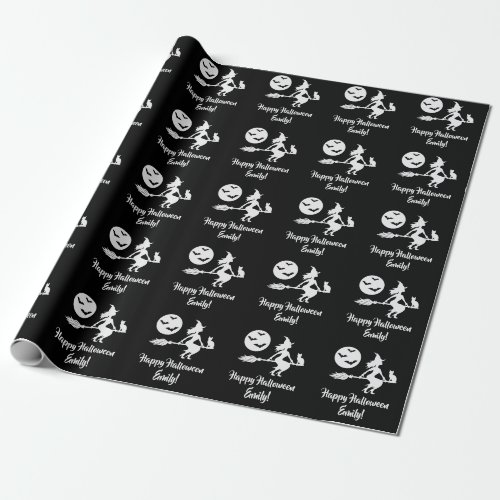 Black And White Flying Halloween Witch Silhouette Wrapping Paper