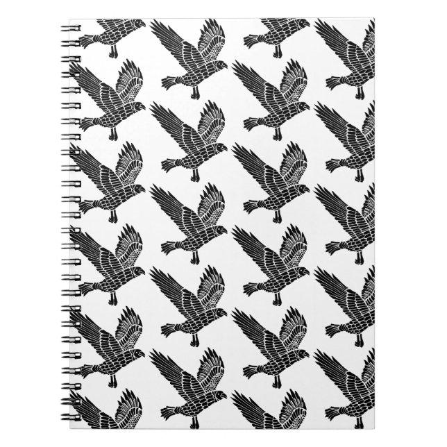 Black and White Flying Raven Lino Cut Notebook (Front)