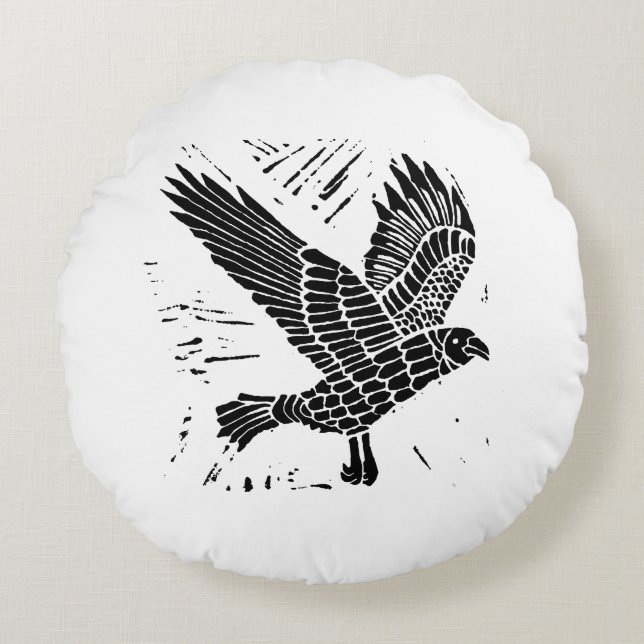 Black and White Flying Raven Lino Cut Round Pillow (Front)