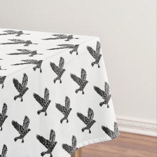 Black and White Flying Raven Lino Cut Tablecloth