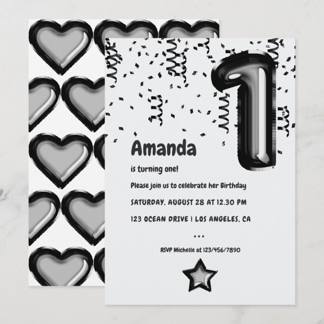 Black and White Foil Balloon 1st Birthday Invitation (Front/Back)