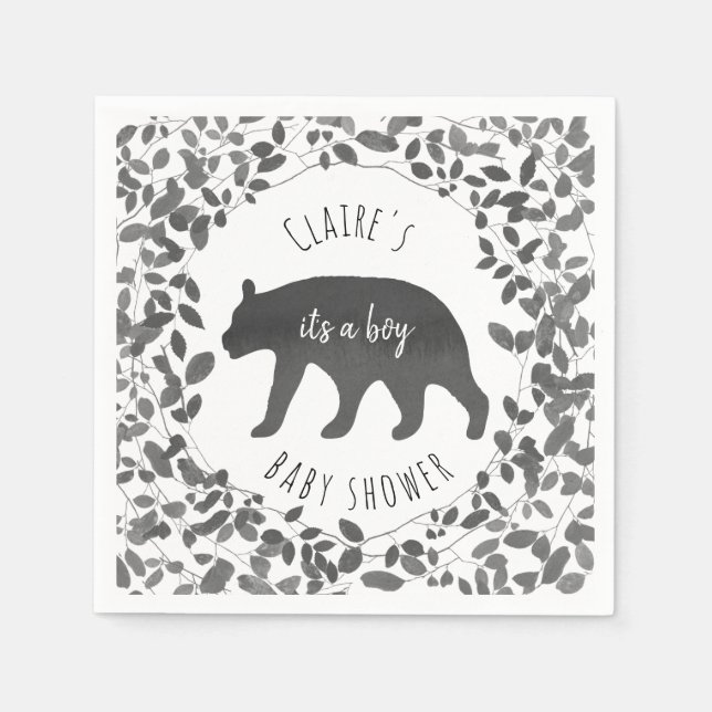 Black and White Foliage Bear Cub Baby Shower Paper Napkins (Front)