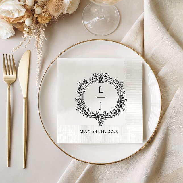black and white foliage Crest wedding Napkins (Creator Uploaded)