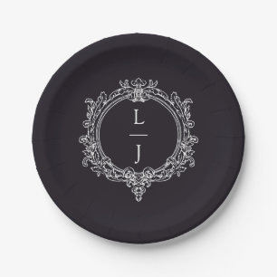 black and white foliage Crest wedding Paper Plates