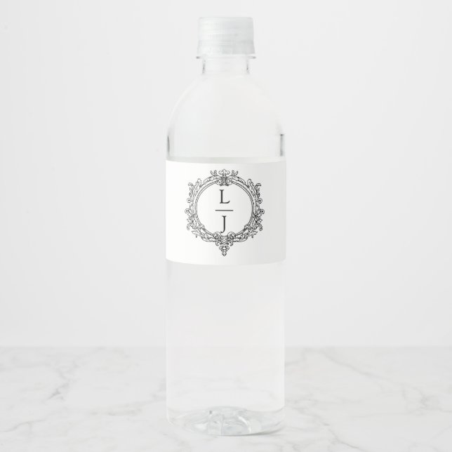 black and white foliage Crest wedding Water Bottle Label (Front)