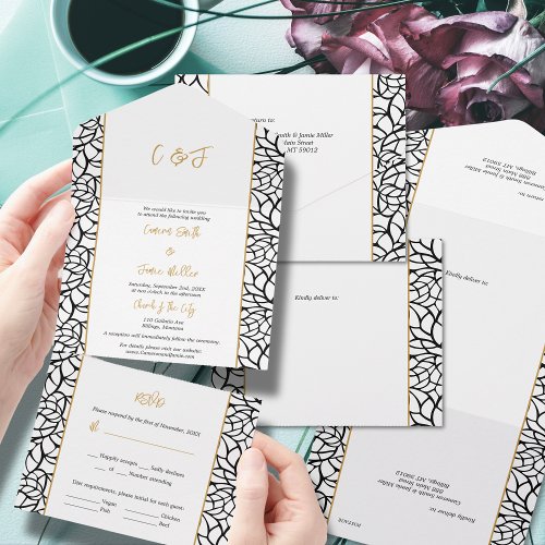 Black and White Foliage Outline Aztec Gold Accents All In One Invitation