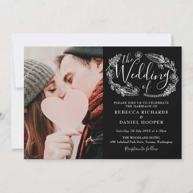 Black And White Foliage Script Wedding Photo Invitation (Front)