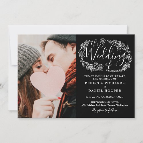 Black And White Foliage Script Wedding Photo Invitation