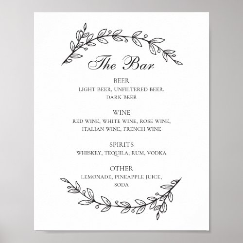 Black and white foliage wedding alcohol drinks bar poster