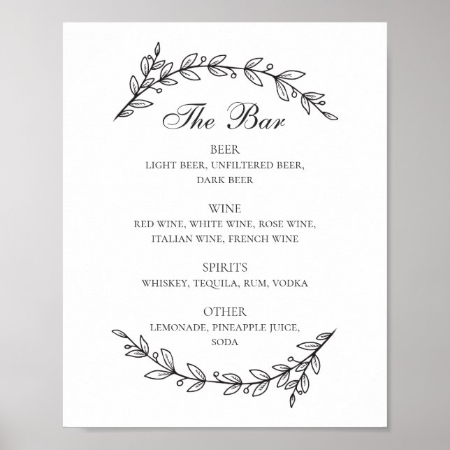 Black and white foliage wedding alcohol drinks bar poster (Front)