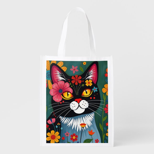 Black and White Folk Art Cat and Flowers Whimsical Grocery Bag (Front)