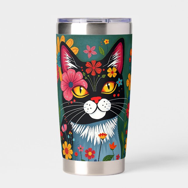 Black and White Folk Art Cat and Flowers Whimsical Insulated Tumbler (Front)