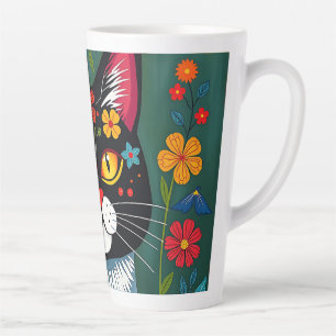 Black and White Folk Art Cat and Flowers Whimsical Latte Mug